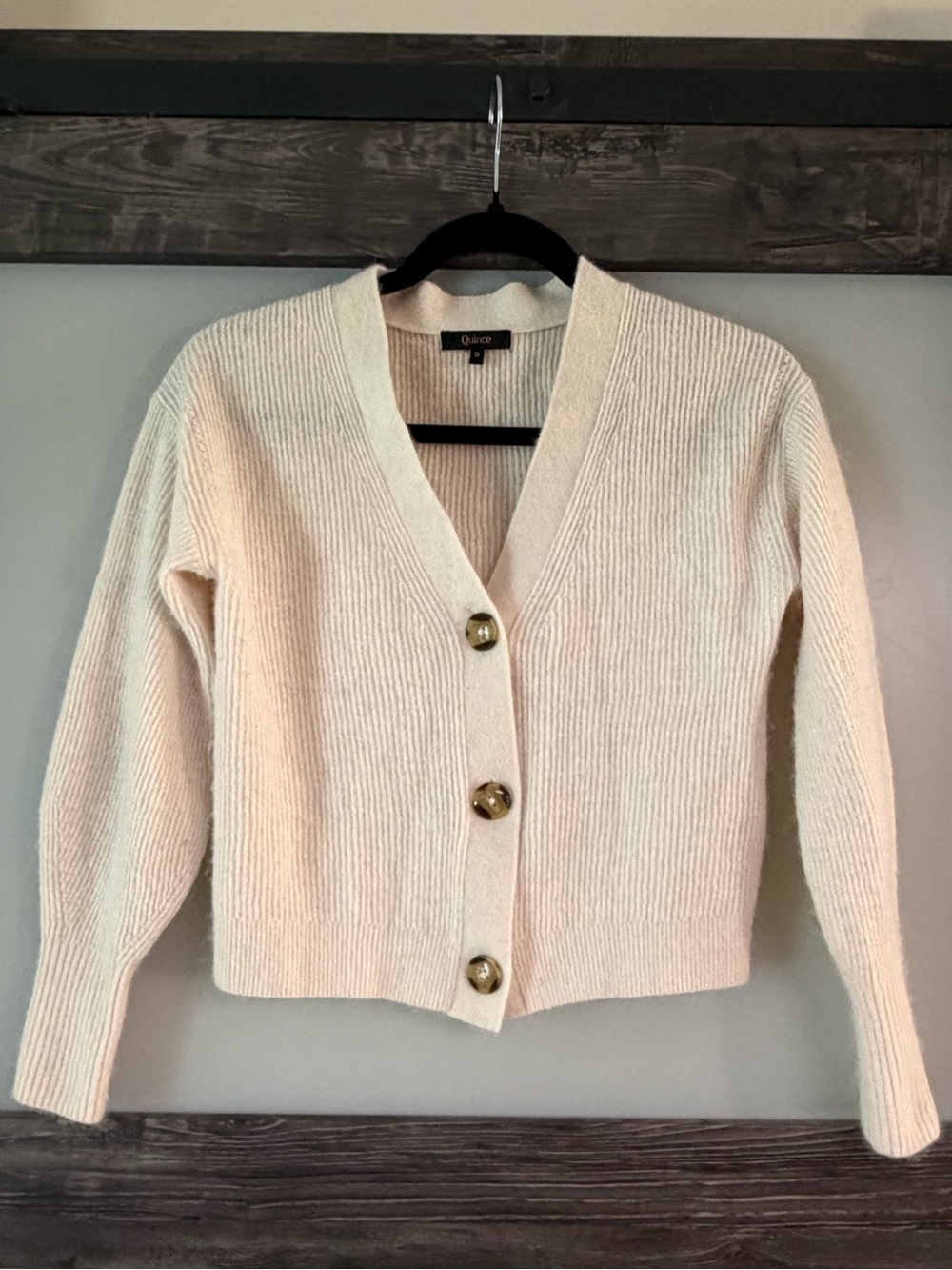 Quince Cream Ribbed V-Neck Button-Front Cardigan